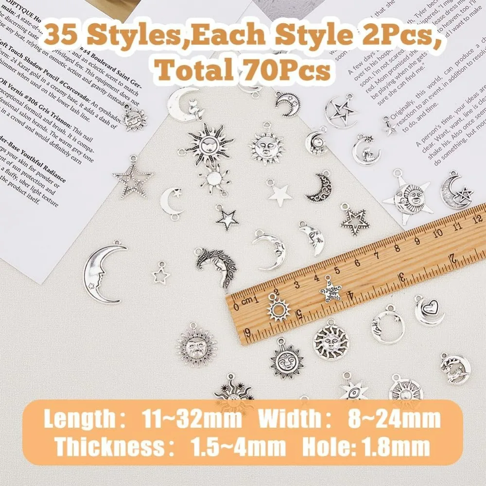 70Pcs Tibetan Alloy Pendants Sun Moon Star Jewelry Charms Antique Silver Star Pendant Moon Dangle Pendants for Jewelry