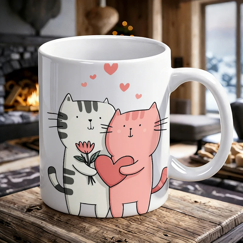 

Romantic heart cat print ceramic mug, coffee cup, milk cup, office tea cup, drinking cup, does not fade, gift for friends