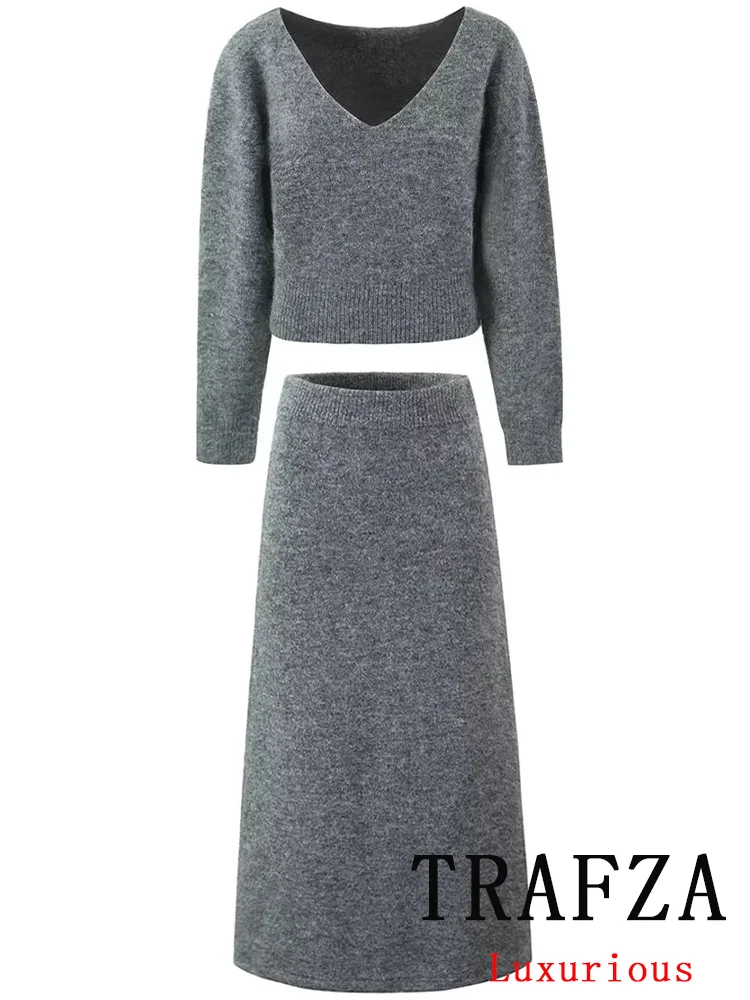 TRAFZA Vintage Casual Chic Grey Solid Women Suit V Neck Knitted Top Long Sheath Skirt New Fashion 2024 Autumn Winter Sets