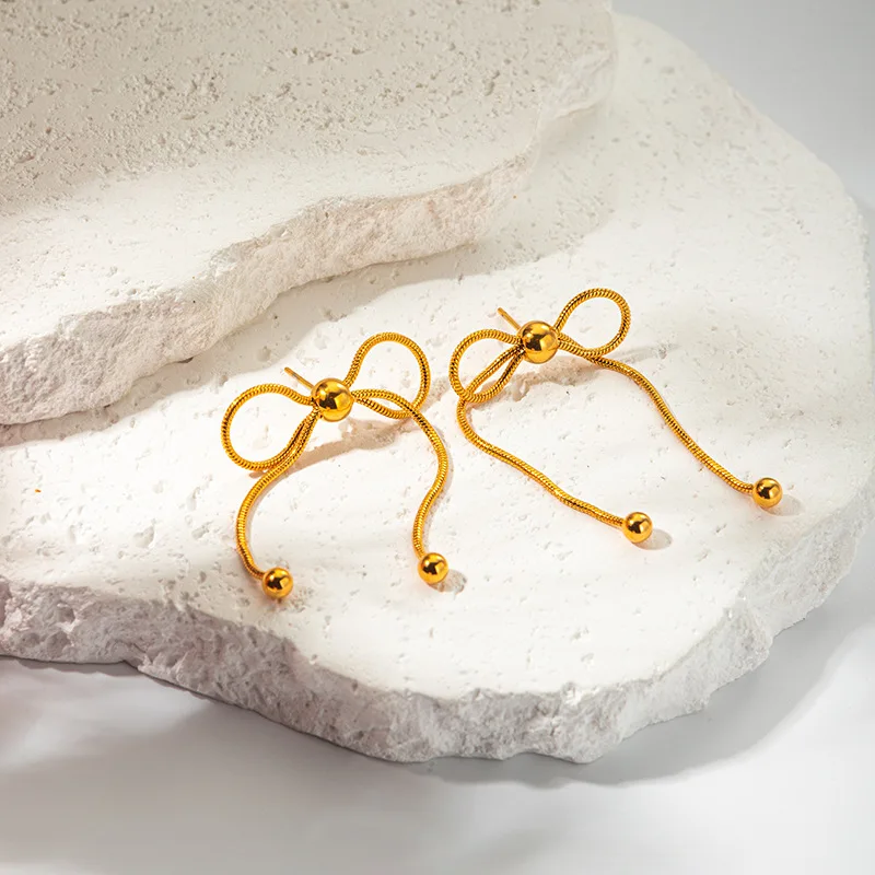 Loe| Long Bow Earrings for Women Stainless Steel Girl Lovely Butterfly Shape Jewelry Gold Plated Trendy Party Cute Gift