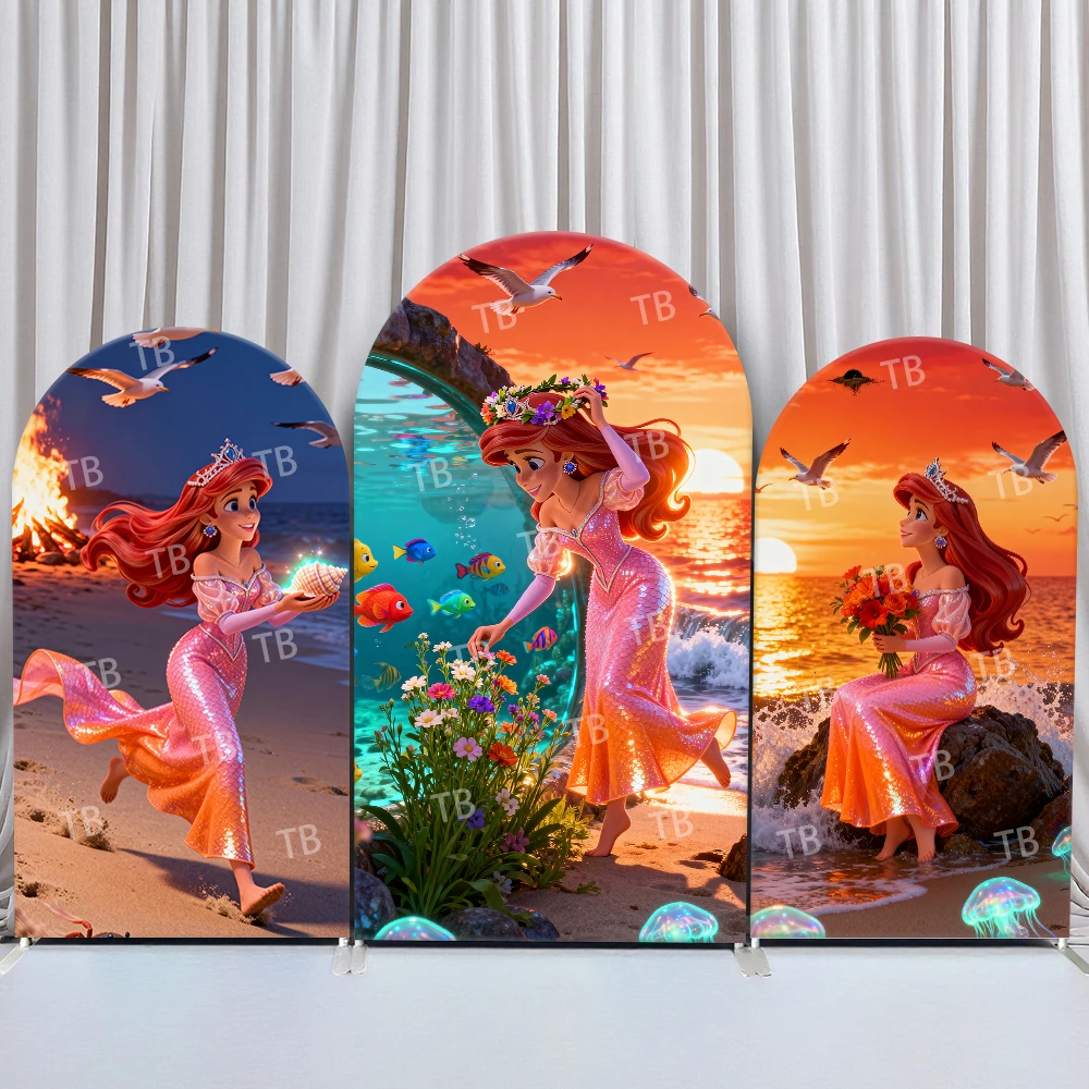 

Disney Ariel Arch Backdrop Cover Beach Sunset Flowers Scene for Birthday and Baby Shower Party Photo Booth Decor Props