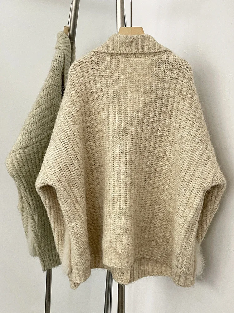 Nova moda primavera outono solto camisola feminina real pele de raposa cardigan roupas femininas botão oversized jaqueta de malha senhora
