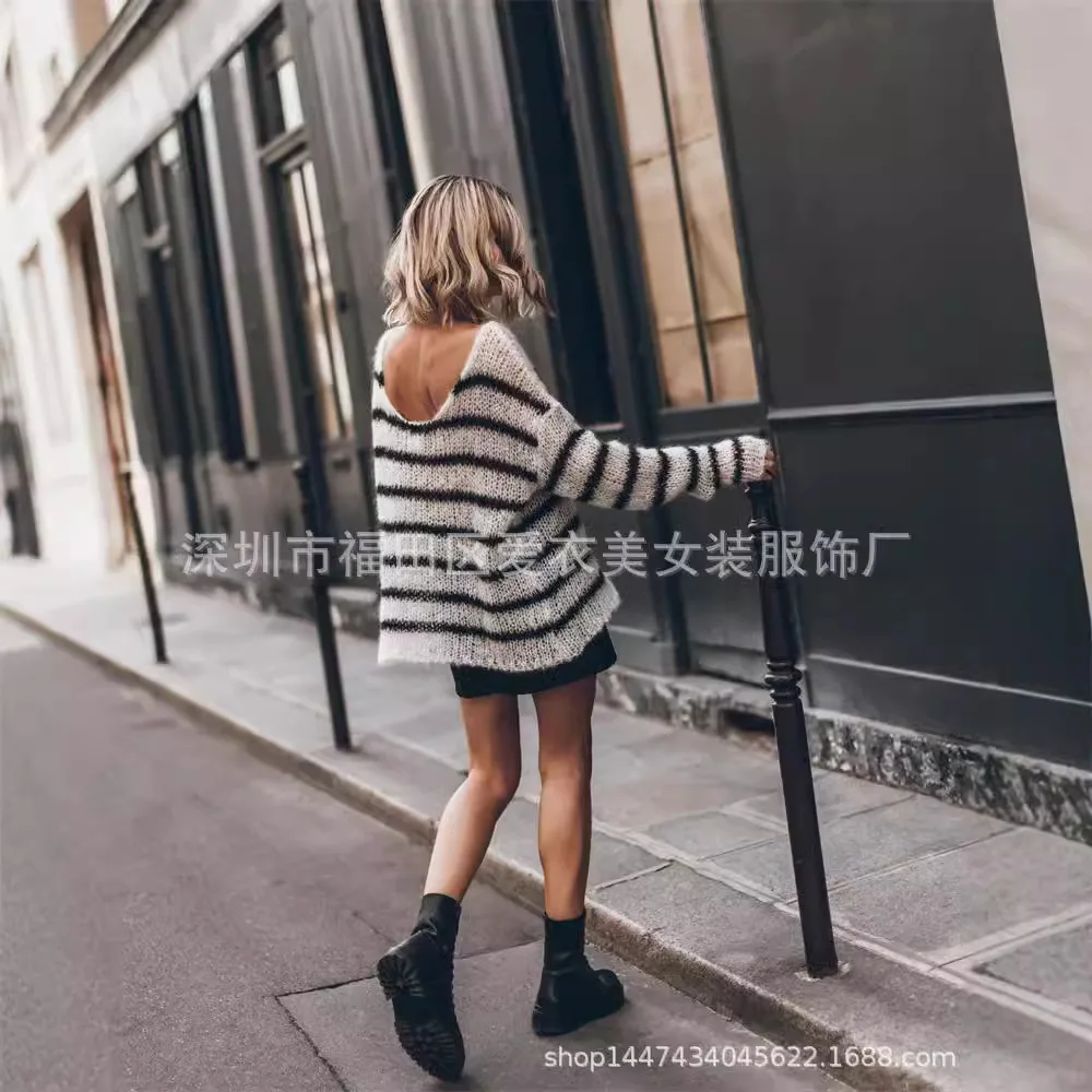 Women Sweaters Long Sleeve Print Striped Knitted Pullovers Loose Jumpers Spliced Thick Casual Outwear Warm High Street