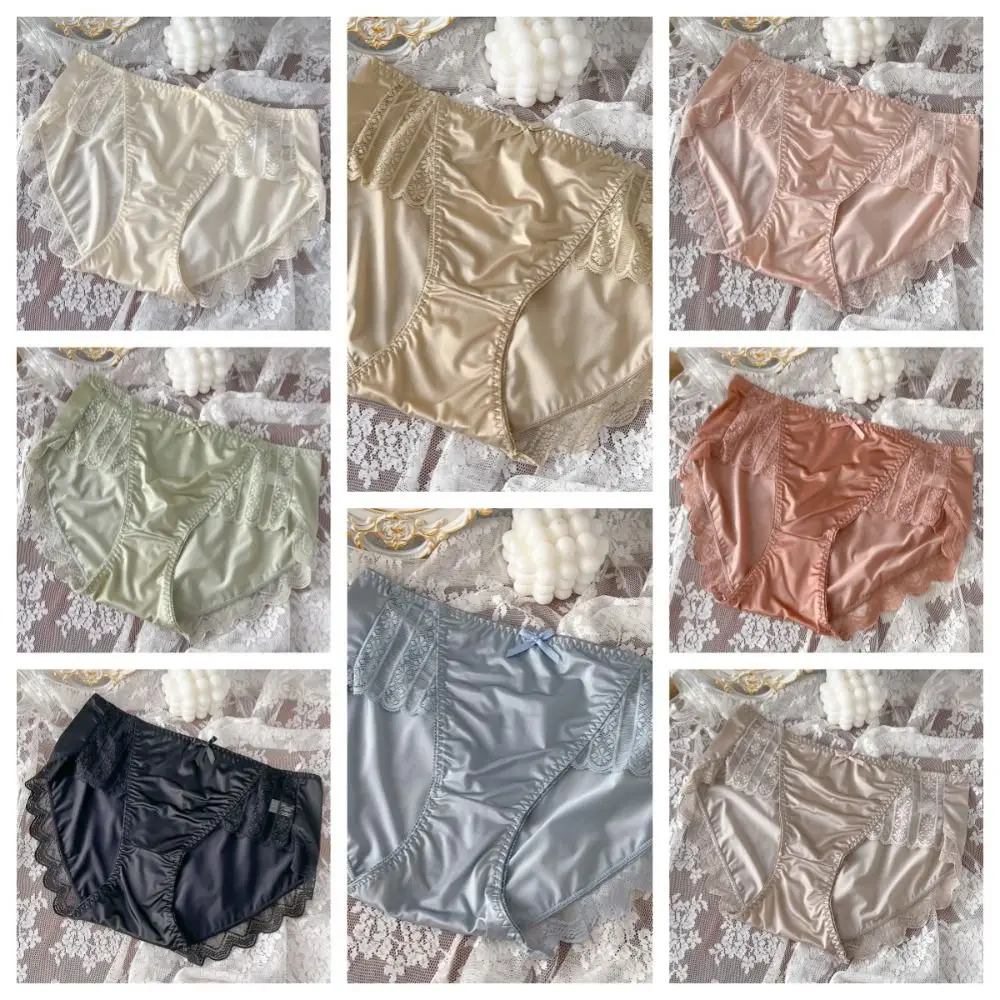 Underpants Lightweight Ice Silk Underwear Satin Smooth Sexy Panties Soft Embroidery Bow Lingerie Women