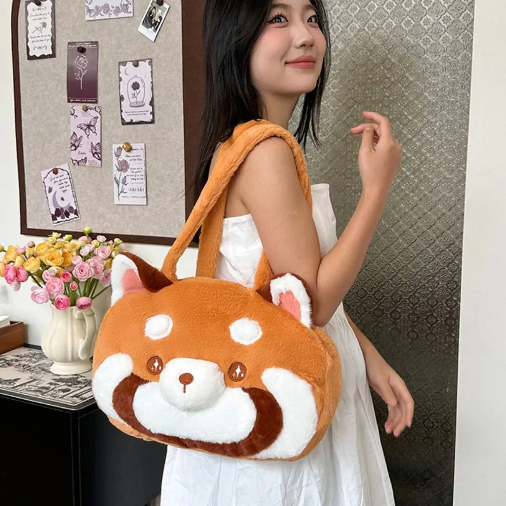 Portable Large Capacity Red Panda Bag Cute Embroidery Animal Shoulder Bag Soft Kawaii Red Panda Handbag Girls