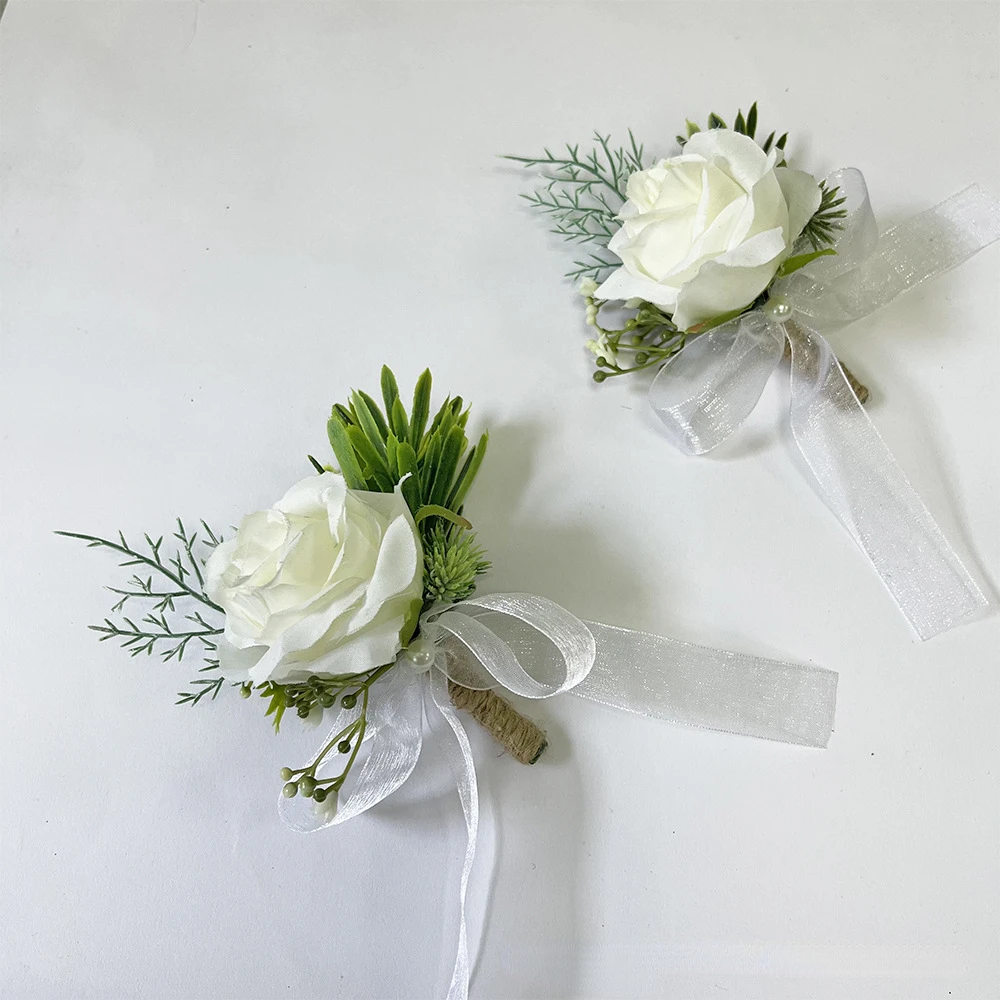 Branco Boutonnieres pulso Corsage Flores Artificiais dama de honra Acessórios casamento Ramillete Damas De Honor