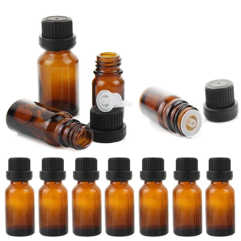 24 unids/lote botellas de vidrio de aceite esencial ámbar grueso de 15ml con tapa negra botellas cuentagotas rellenables para botellas de pipeta de aceite de masaje