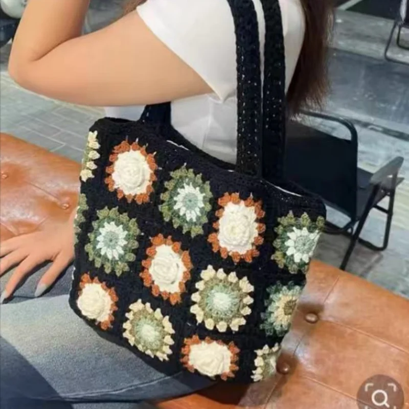 Handmade crochet patchwork shoulder bag, blue and white pattern handbag, Chinese cultural style women\'s shopping bag with lining