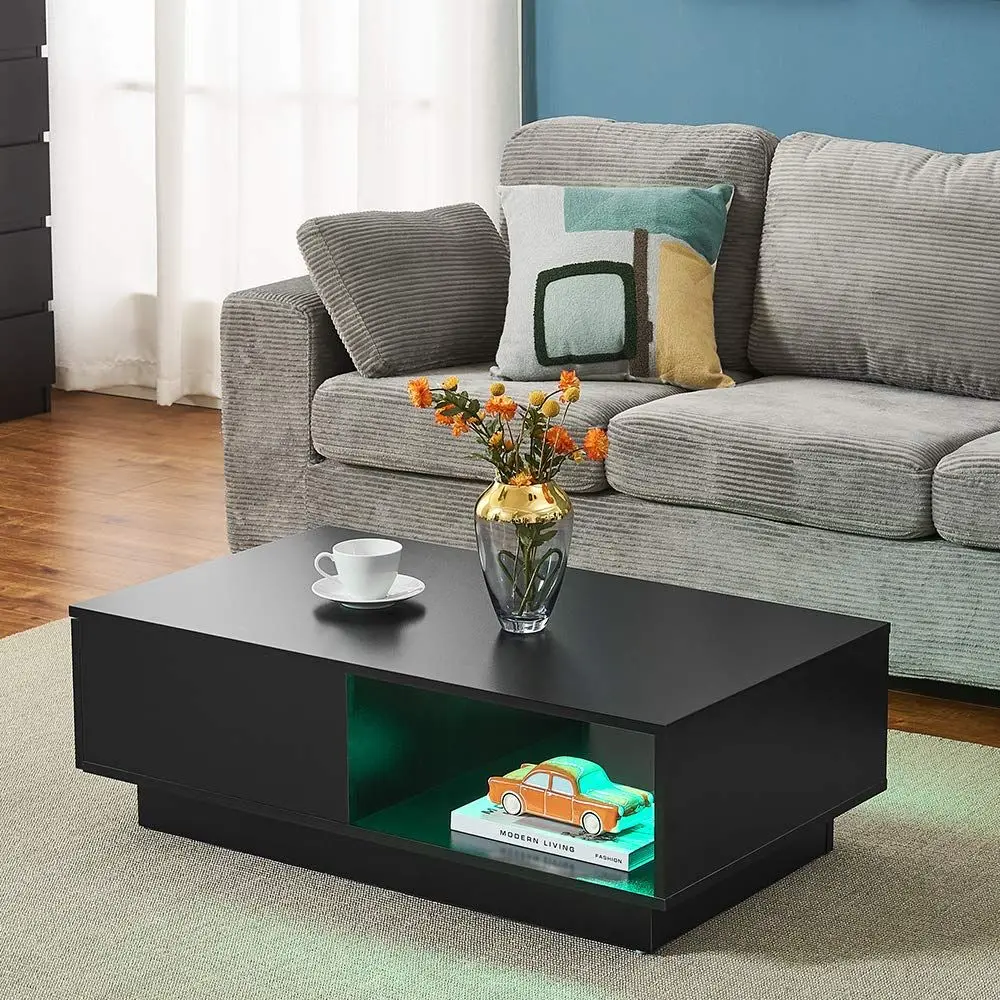 Wooden Coffee Table with Storage Drawer and Shelf Wood Sofa Side End Table with LED Lighting Home Office Living Room Furniture