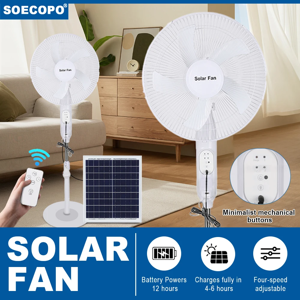 

16 - inch Solar Fan with Panels Rechargeable Room Remote/Key Control Gear Display Nightlight (Weak/Strong) USB Port Camping