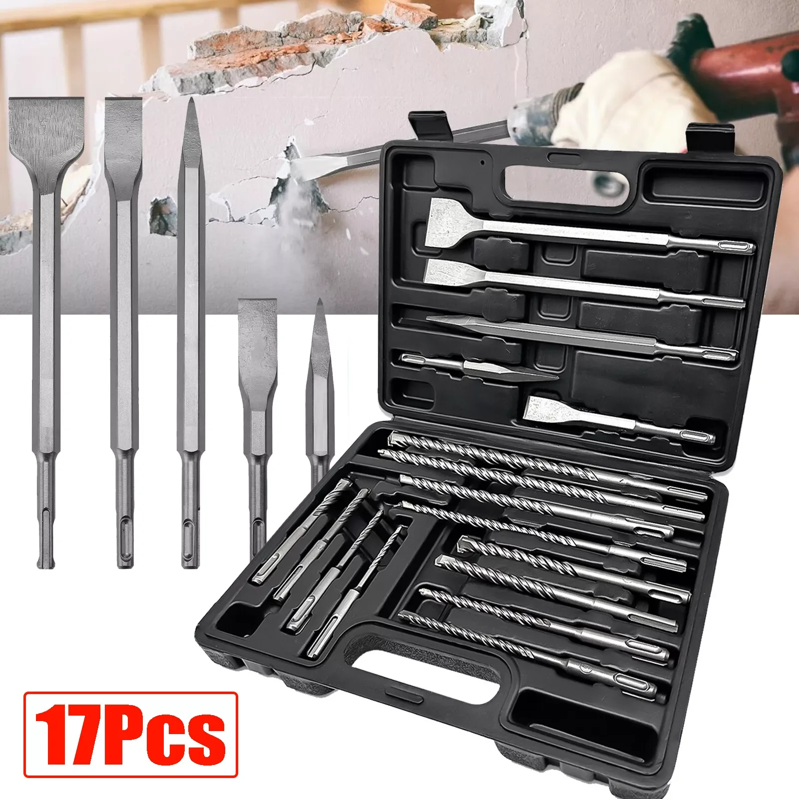 17PCS Rotary Hammer Drill Bits Set Chisel Plastic Box Shank Impact Rotary Concrete Masonry Drilling Grooving WITH Black Case