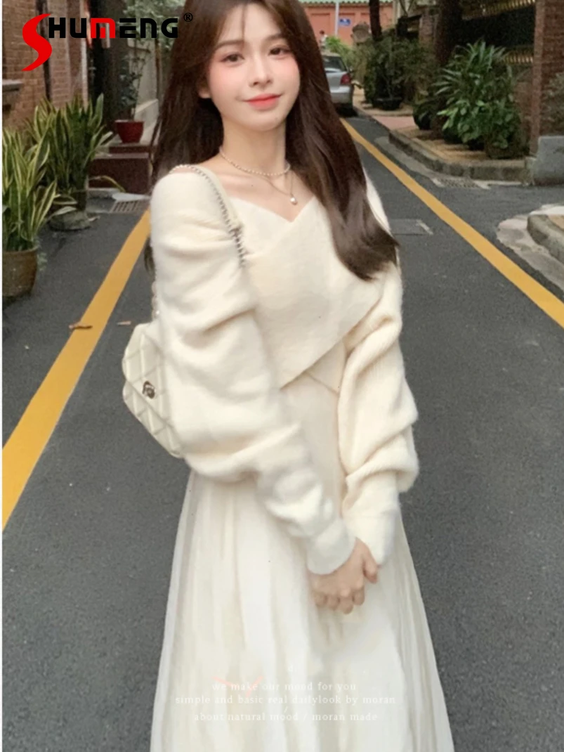 Women's Autumn Winter Fashion Two-Piece Long Sleeve V-neck Pullover Sweaters Half-Length Skirts Solid Color Feminine Skirt Sets