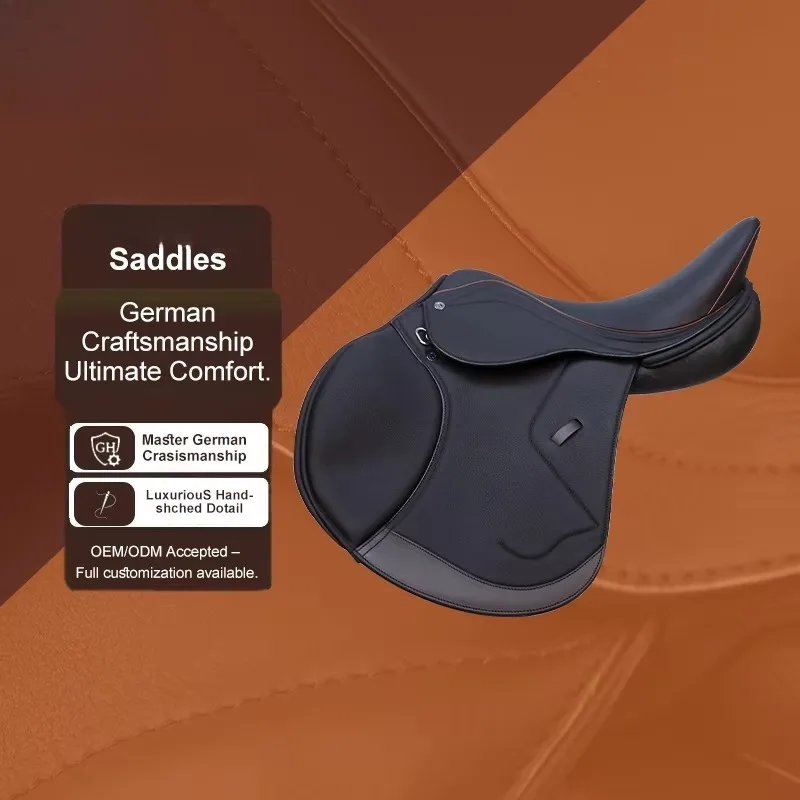 British Equestrian Saddle, Leather Deep-Seated Straight Flap Saddle, Sui  for Training and Competition Riding