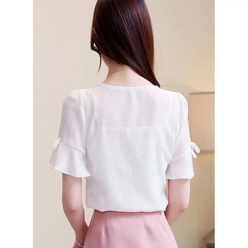 Women Clothing Summer Fashion Simplicity Solid Color Elegant V-neck Short Sleeve Shirts Women Casual All-match Temperament Tops
