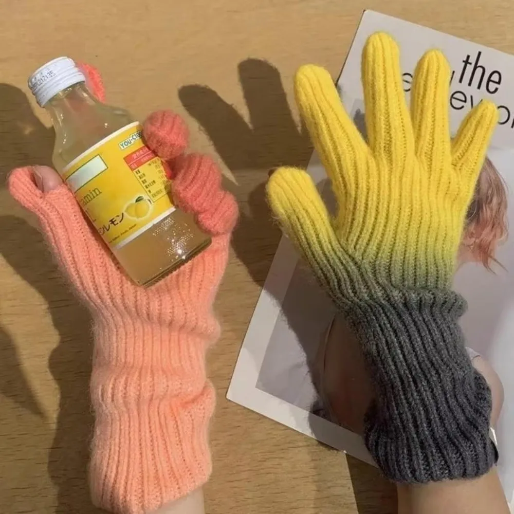 New Gradient Winter Gloves Thick Fingertip Openings Touchscreen Gloves Elastic Windproof All Finger Gloves Outdoor Wear