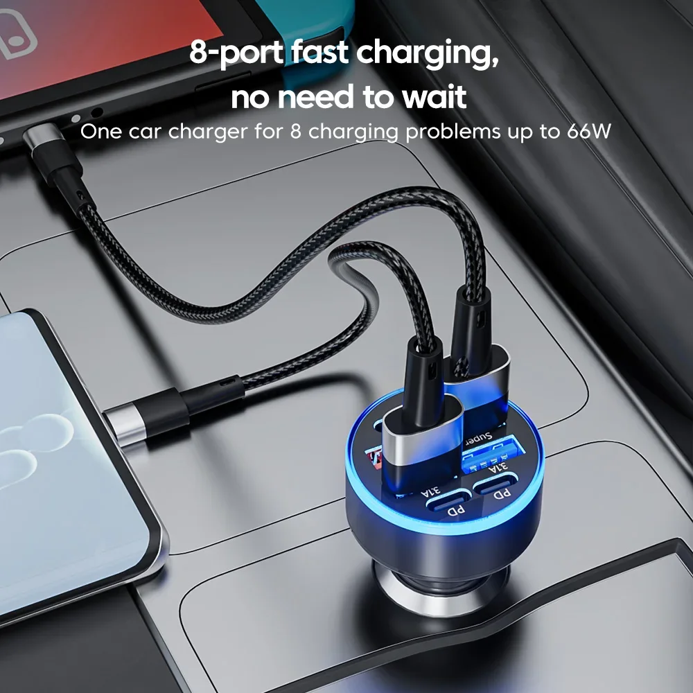 100W 6/8 Ports Car Charger Fast Charging PD QC3.0 USB C Car Phone Charger Type C Adapter in Car For iPhone Samsung Huawei Xiaomi