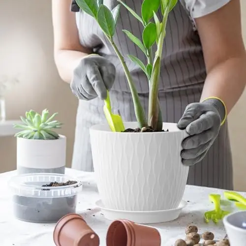 أوعية نباتات مقاس 7 بوصات، 5 عبوات مع فتحات وصحون تصريف، مزارعات بلاستيكية بيضاء للعصارة الداخلية #4