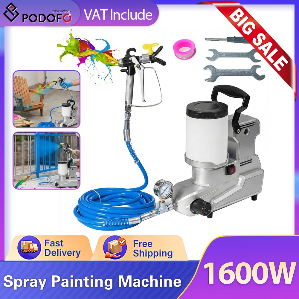 Pistolet de pulvérisation sans air Podofo 1600W 2,5L/min avec tuyau de 5m, pulvérisateur mural haute puissance, machine de peinture DIY pour la maison