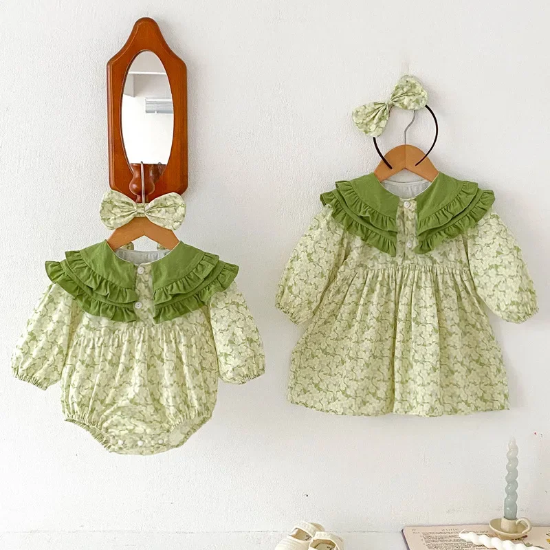 2024 Baby Girls Cotton Green Floral Dress/Romper+Headwear,Sister Wear Sweet Lace Collar Birthday Princess Clothes Kids Vestido