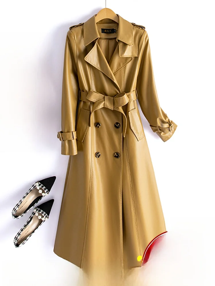 

Кожаное пальто из овчины для женщин, средней длины, ниже колена, осенне-зимнее, новая корейская версия, приталенная ветровка