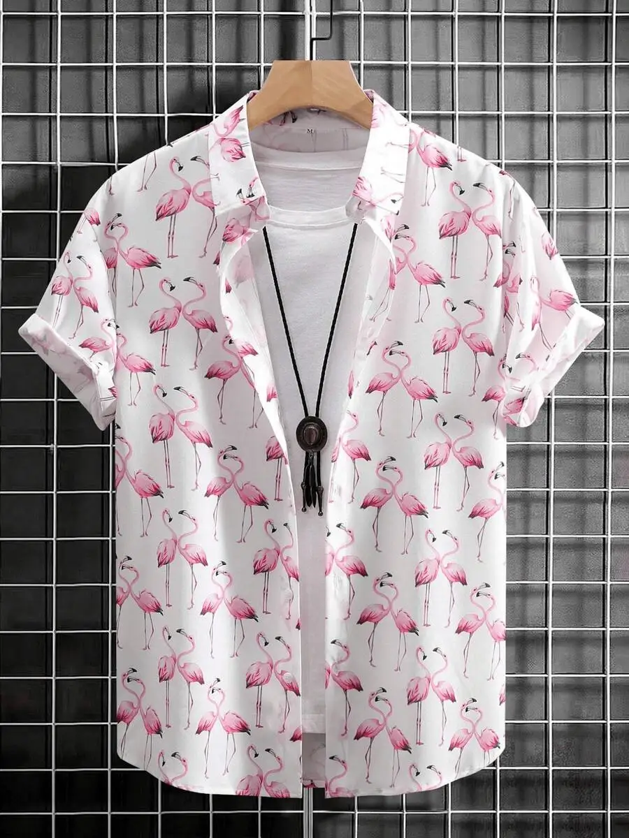Camisa de manga corta para hombre con botones y estampado de flamencos rosas, ropa informal de verano para la playa