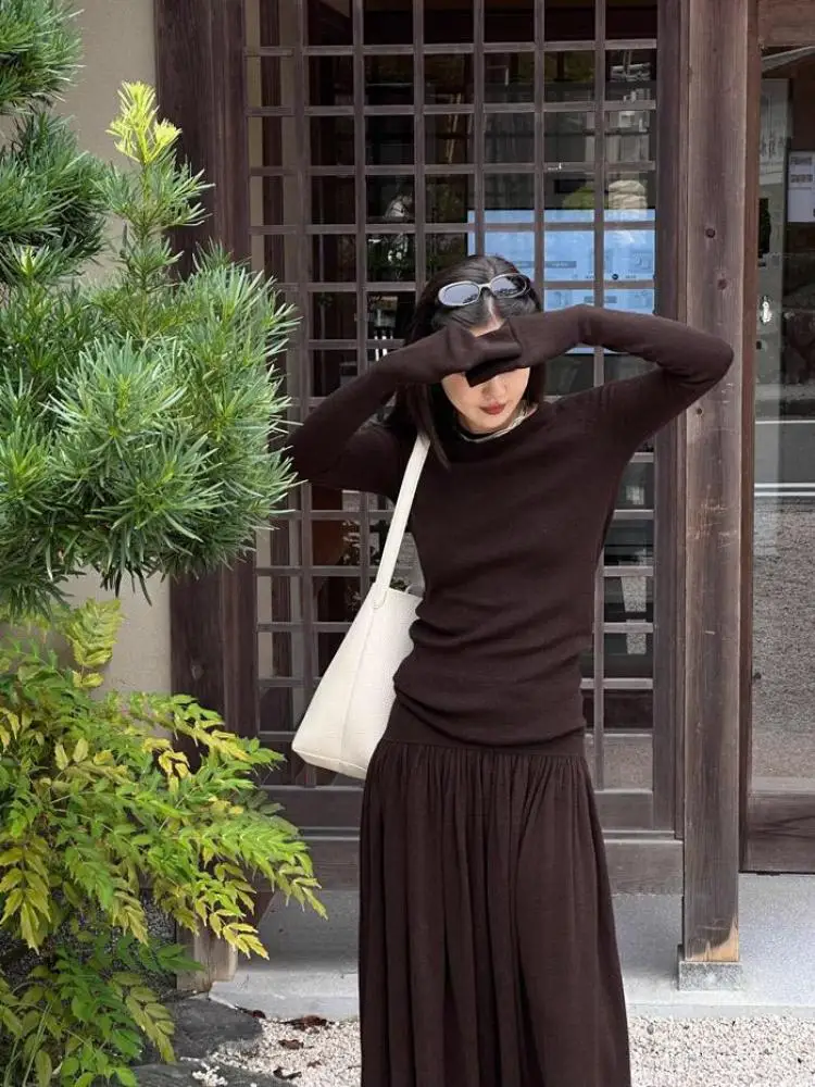 

Женские вязаные комплекты из двух предметов, пуловер с длинными рукавами, свитер, плиссированная юбка, ансамбль, осенне-зимние вязаные юбки, наряды