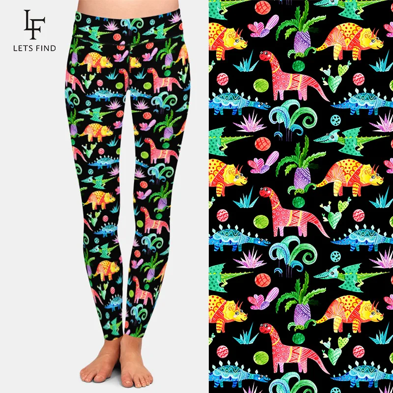 LETSFIND 3D Cartoon Dinosaurs Digital Printing Women High Waist Leggings Fashion Fitness Elastic Full Leggings