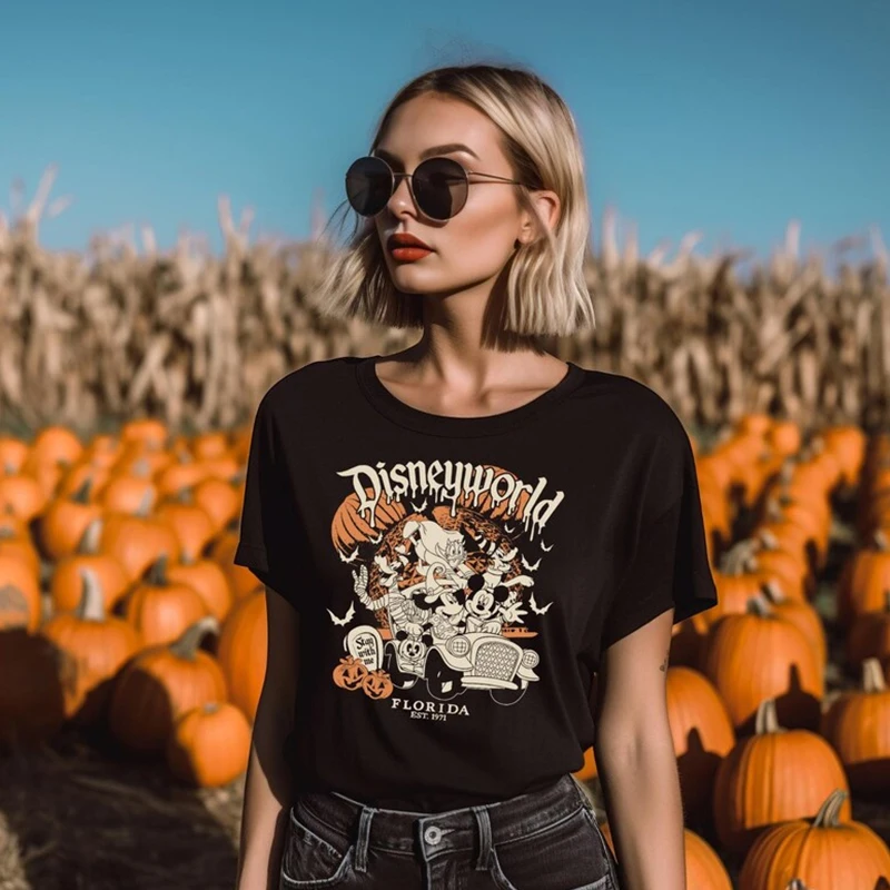 

Halloween Disney Alphabet Summer Women's Printed Ladies Women's Casual Tops Y2k T-shirt Skeleton Cartoon Pumpkin Ladies Clothes