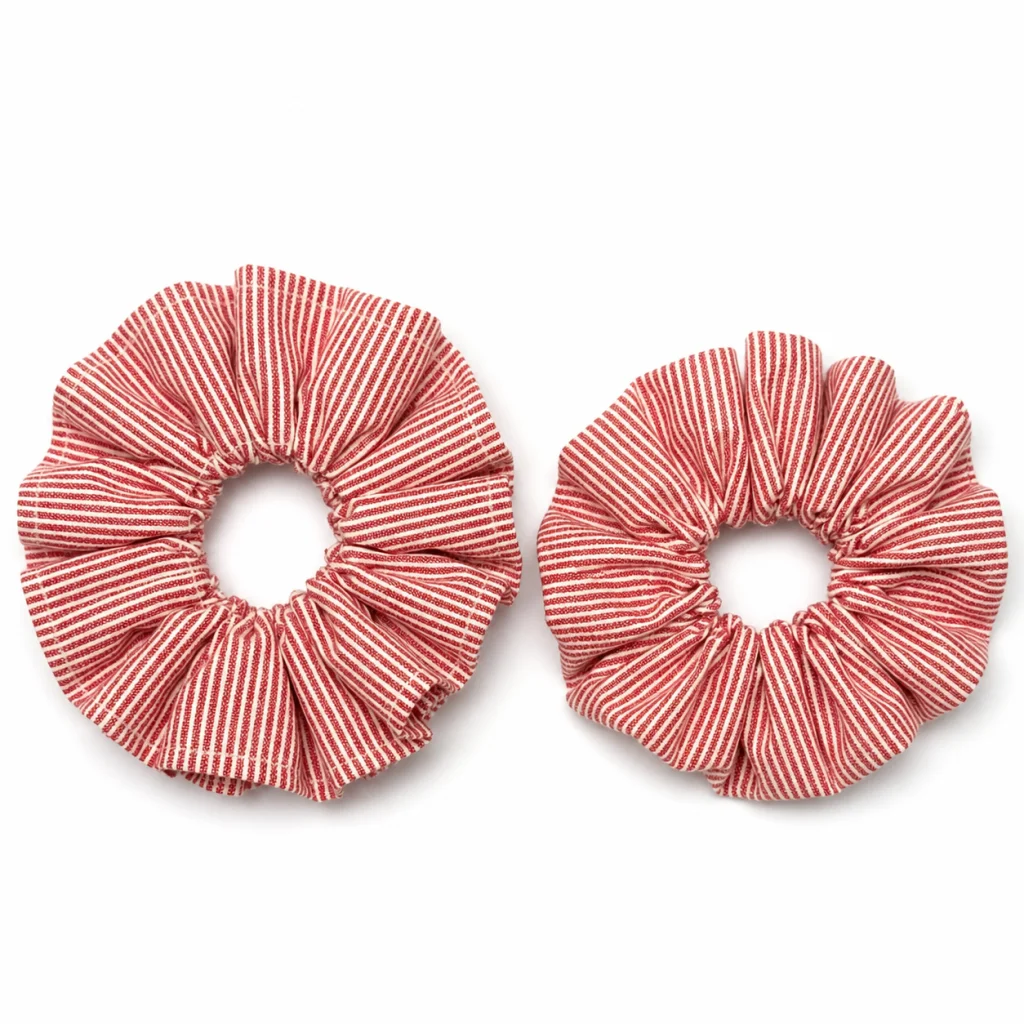 red-ticking-stripe-single-layer-scrunchie-handmade-hair-tie-regular-and-small-size-options