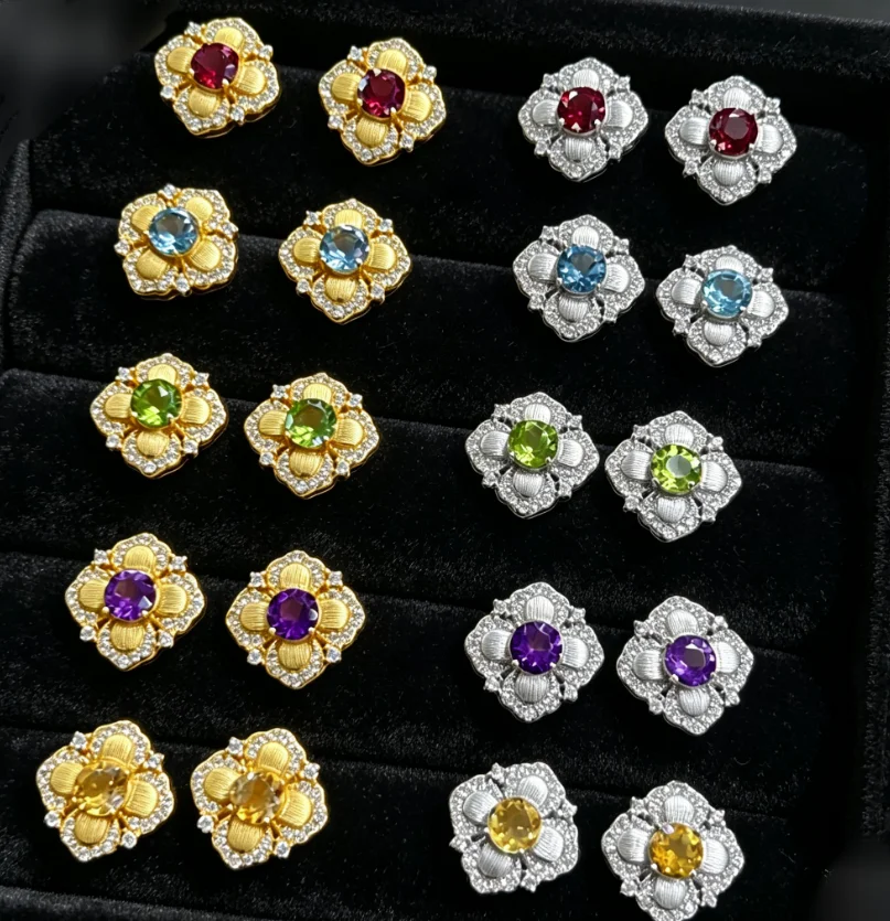 Certificate 925 Solid Silver Natural Garnet Topaz Peridot Amethyst Citrine Ear Jewelry Luxury Dahlia Fine Earrings Freeshipping