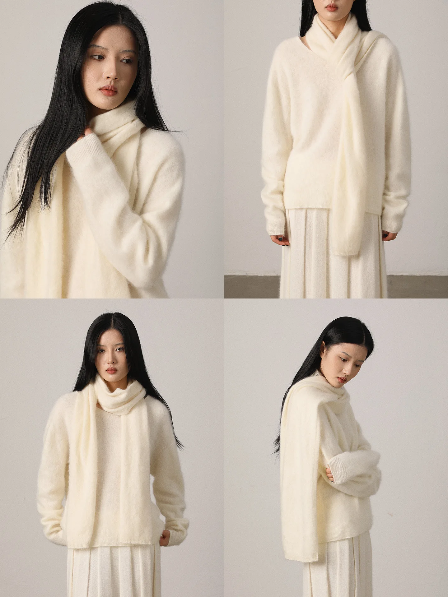 

Vimore Cloud Pillow Soft Gentle Loose Women's Knitted Wool Sweater White Cotton Wool Blend Comfortable Casual V-Ne Long Sve