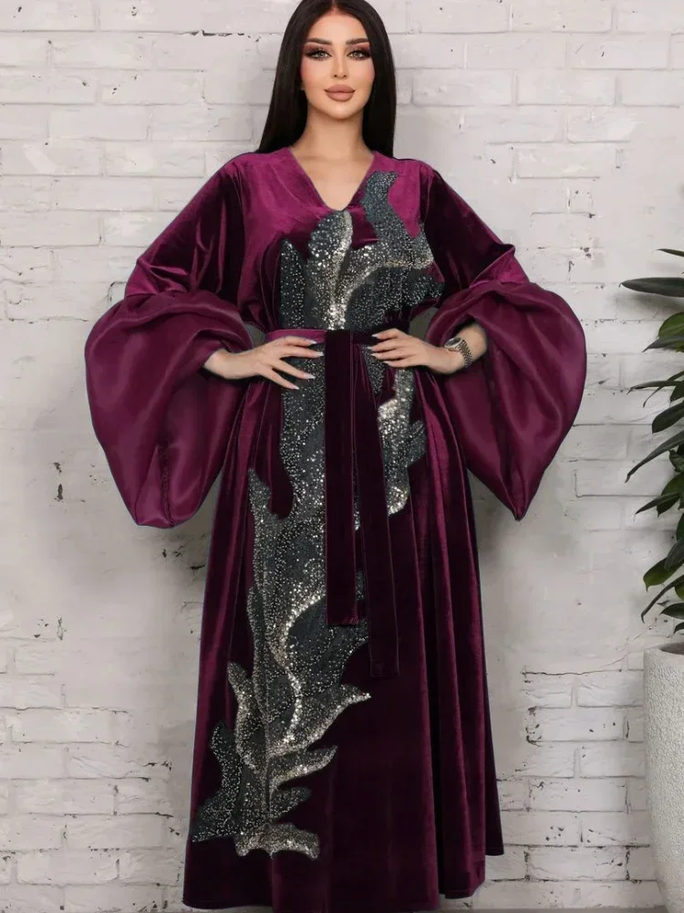 Abito in velluto Msulim Abaya per donna paillettes manica a sbuffo Abaya marocco abito da festa Maxi abiti caftano arabo abito lungo autunno