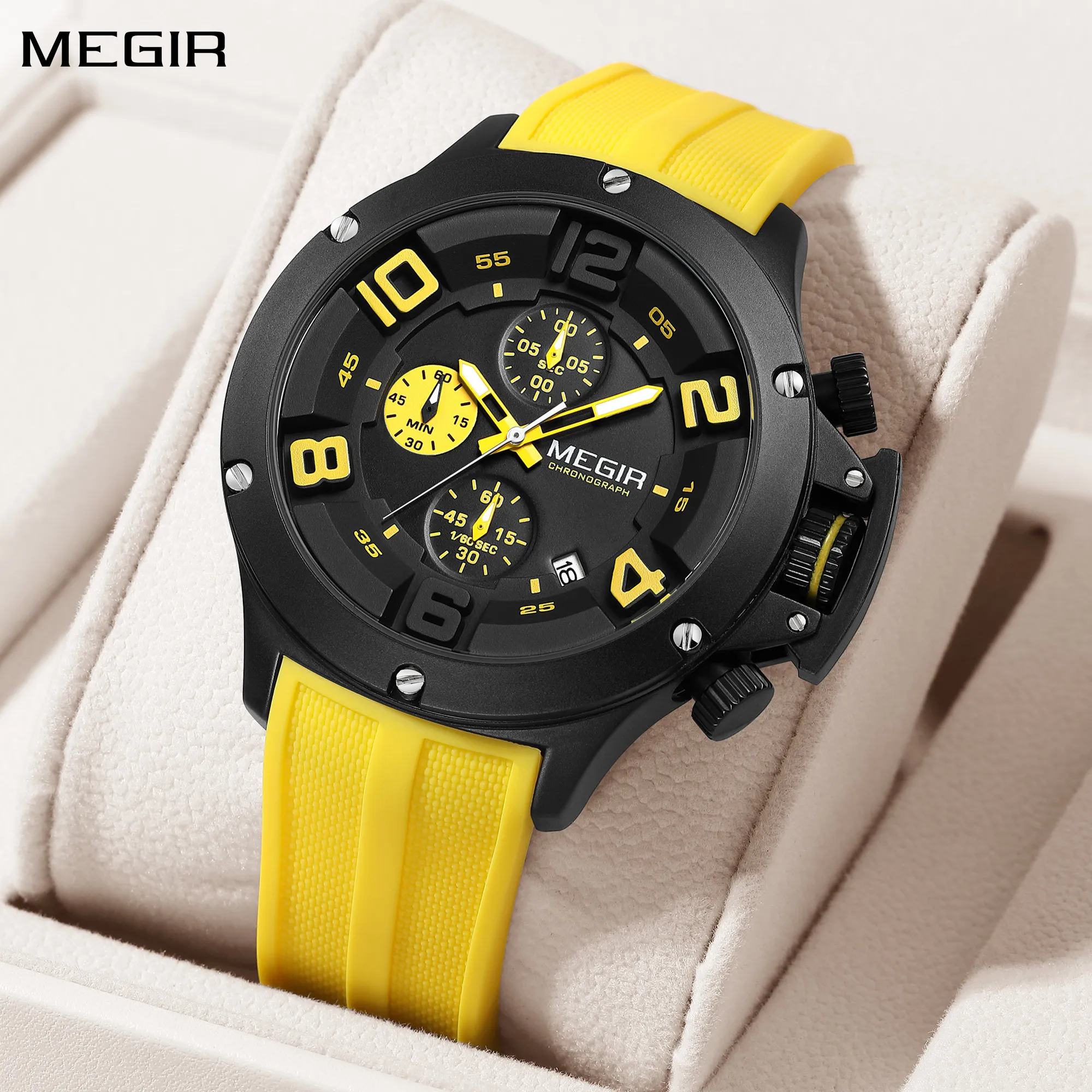 MEGIR Relogio Masculino Luxury Quartz Watch for Men Yellow Silicone Strap Military Sport WristWatch Chronograph Auto Date 8115