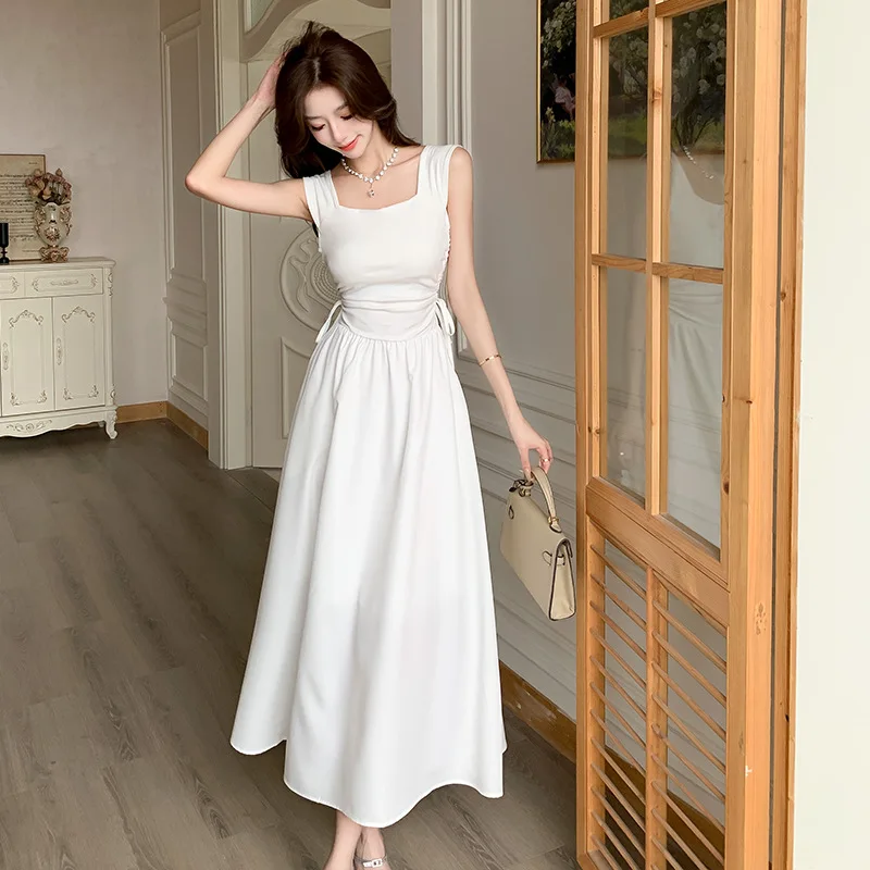 

Minimalist Style White Patchwork Vest Dress 2024 Summer New French Style Style Square Neck Sleeveless High Waisted Long Skirt