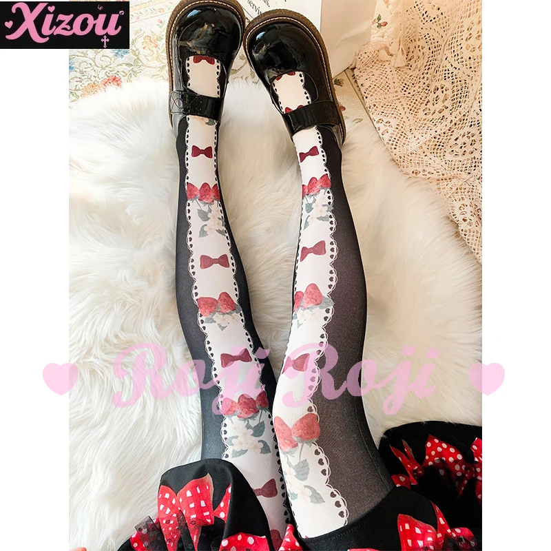 Japanese Strawberry Bow Tie Lolita Socks Women's Spring and Summer Velvet Print Pantyhose Lolita Sweet Socks Sweetheart Girl