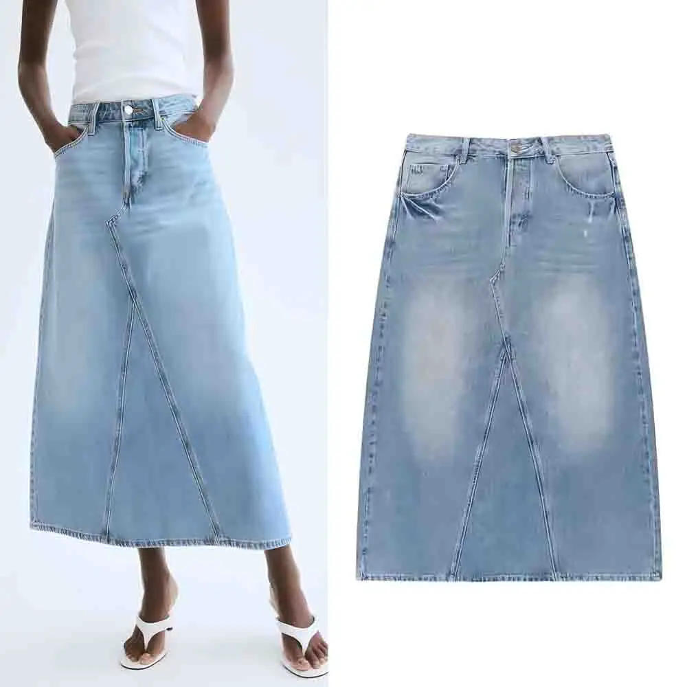 

Women's summer new fashion pocket decoration casual A-line denim skirt retro high waisted Button-up women's skirt