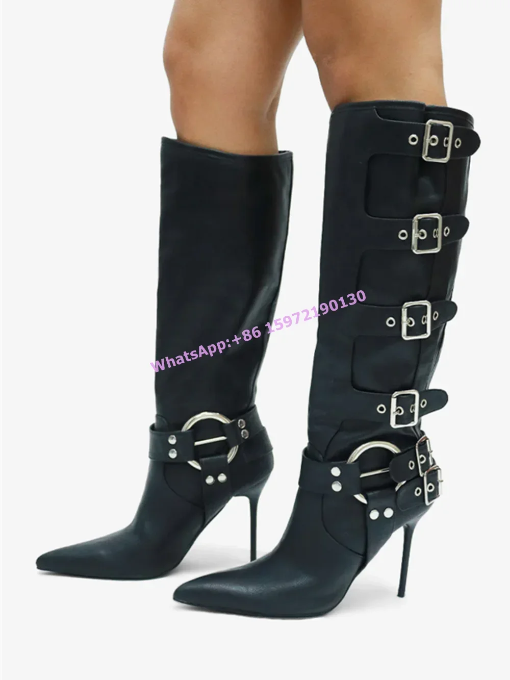 

Сапоги до колена с несколькими пряжками, однотонные кожаные женские сапоги до колена с острым носком на тонком каблуке, черные пикантные зимние туфли для отдыха 2025