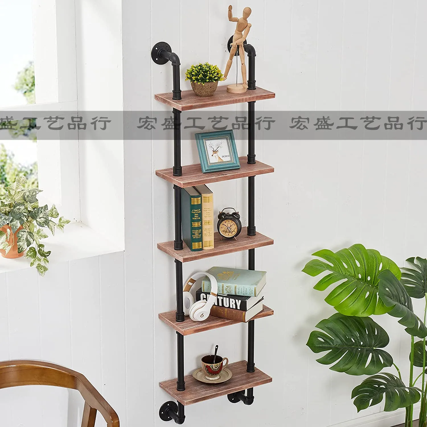 

Wrought iron water pipe floating shelf shelf, laminate shelf, wall-mounted industrial wind wall storage bookshelf