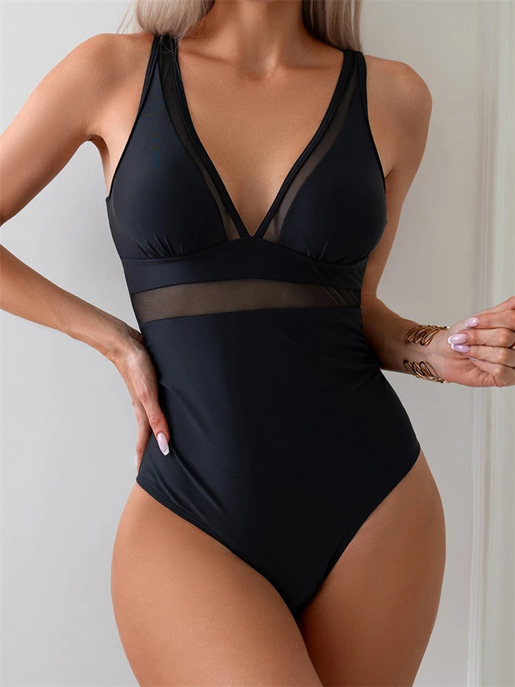 

One Piece Swimsuit Women 2024 New Black V Neck Sling Swimwear Sexy Bodysuit Monokini Summer Mesh Beach Wear Bathing Suit Female