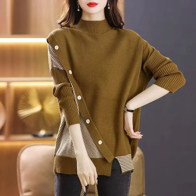 

Stylish Vintage Striped Spliced Jumpers Autumn Winter Casual Solid Color Half High Collar Female Button Asymmetrical Sweaters