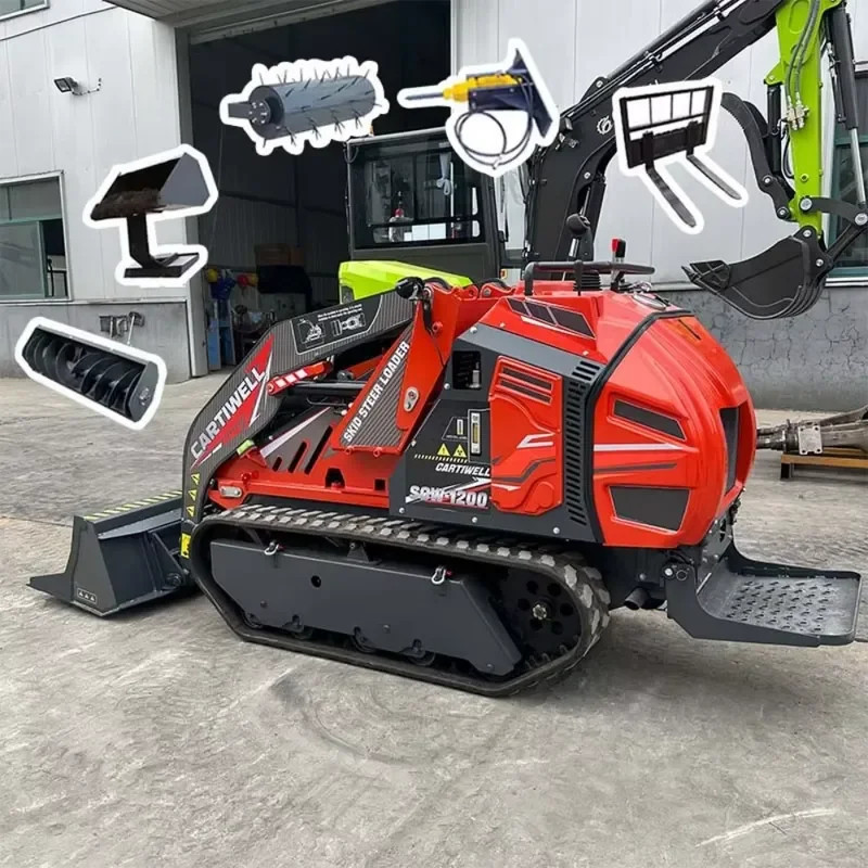 SCW1200 Mini Skid Steer Loader 360 Tracked Skid Steer Brush Cutter Auger Hammer 4 in 1tipping Bucket Attachments