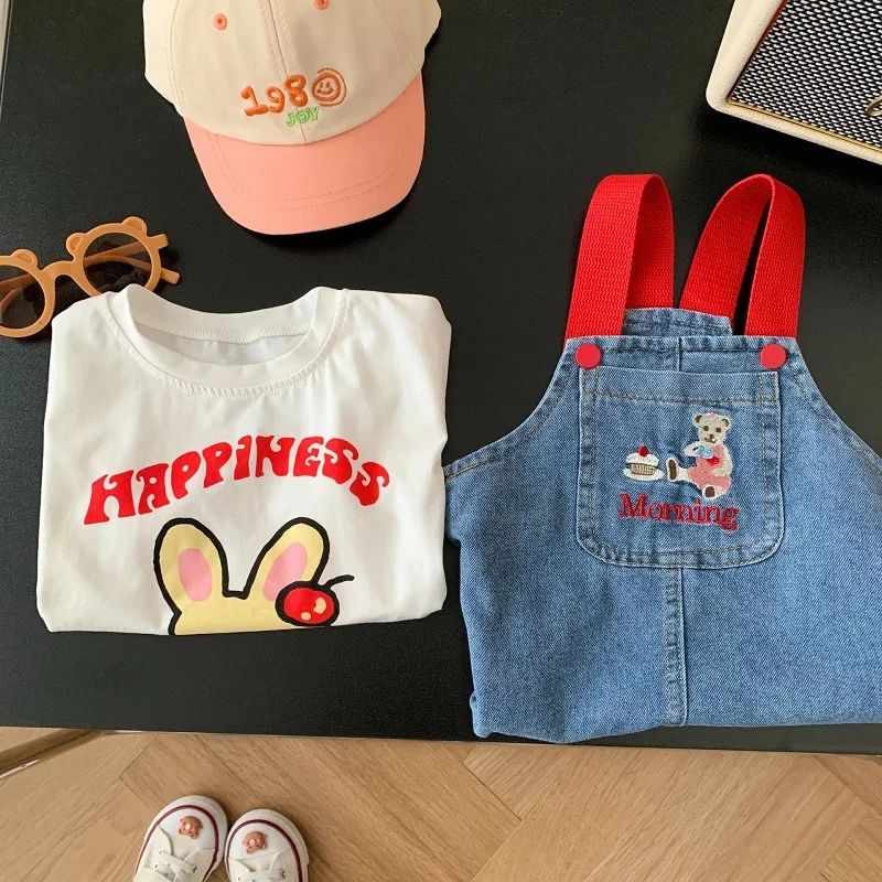 2023 Summer Children Girl Clothes 0-6Years Kids Girl Cartoon Bear Embroidery A-line Denim Dress Overalls Outfit Fashion Sundress