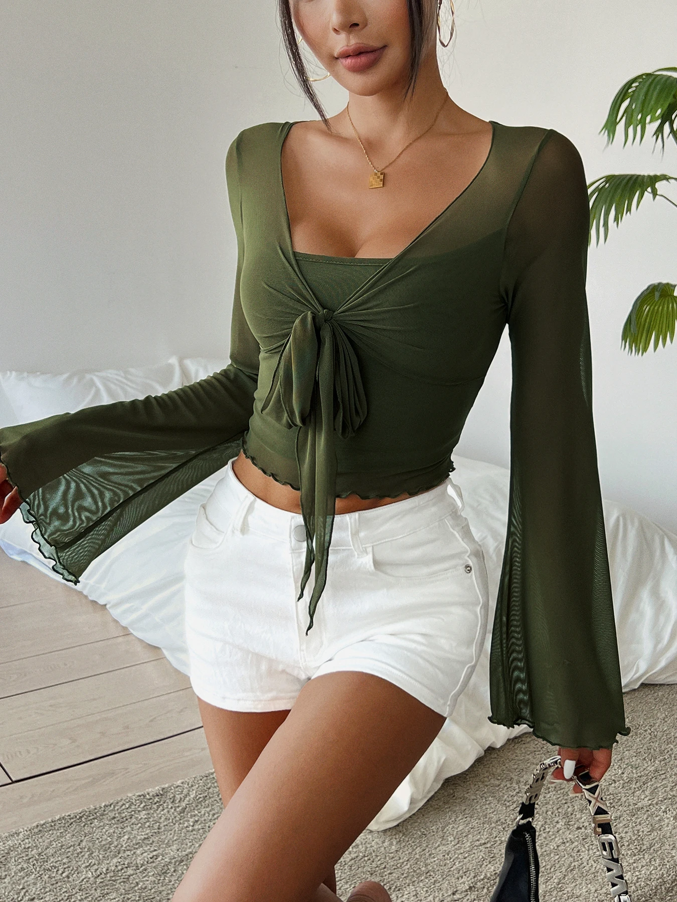 Solid Color V-neck Ruched T-Shirt Elegant Flare Sleeve Tie Front T-Shirt For Spring  Fall Women\'s Clothing
