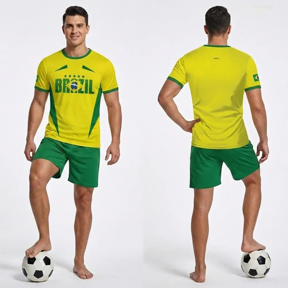 New Brazilian Style Design Football T-shirt Youth Outdoor Sports Breathable Jersey Men's Fashionable Brazil Flag Printed Tees