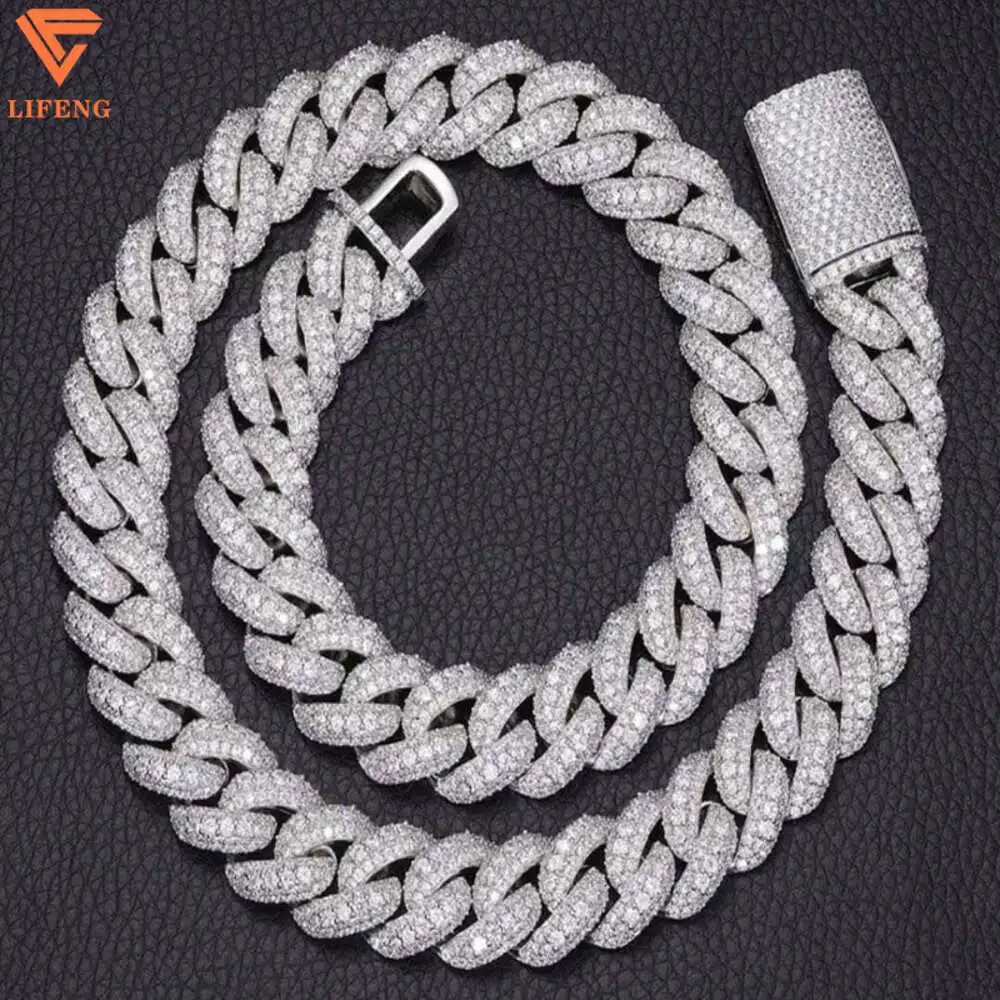 16mm 20inches Cuban Chain Big Middle Stone with Outlines Iced Out Vvs Moissanite 925 Sterling Silver Cuban Link Chain Necklace