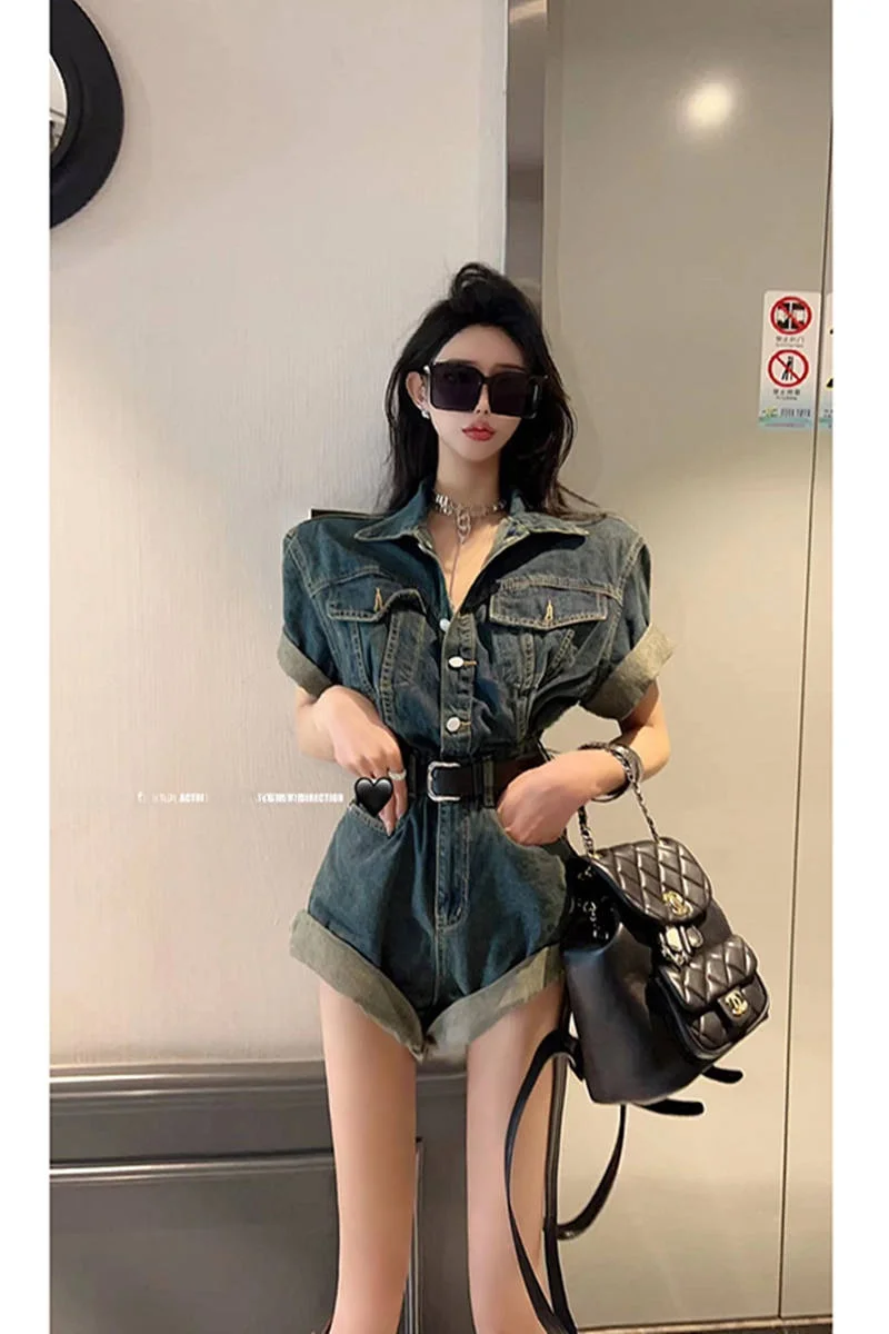 레트로 워크웨어 데님 오버롤 여성 여름 스몰 사이즈 허리 조임 하이웨이스트 슬리밍 쿨 스파이시 와이드 레그 점프수트