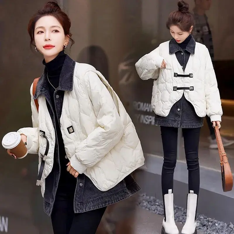 Zimowa nowa damska kurtka puchowa z denimu Luźna kurtka łącząca