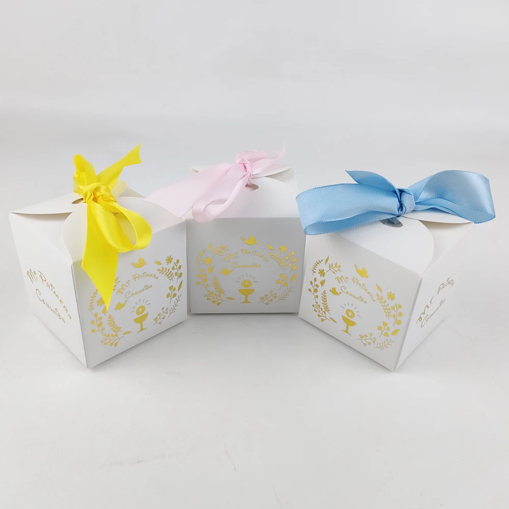 20 pieces 6.5x6.5cm Hot Stamping Mi Primera Comunión Gift Box For Spanish First Communion Party Decoration