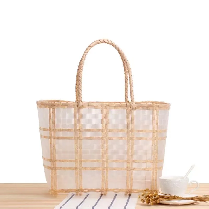 2022 Transparent Plastic Woven Tote Bag Summer Women Handmade Vegetable Basket Shopping Handbag Boho Decor Outdoor Beach Bags