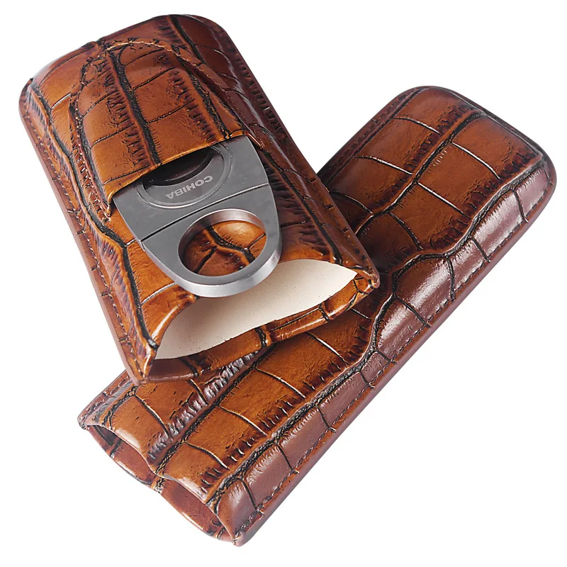 Travel Leather Cigar Humidor Handmade Super Cigar Tube Cover with Cigar Cutter Set